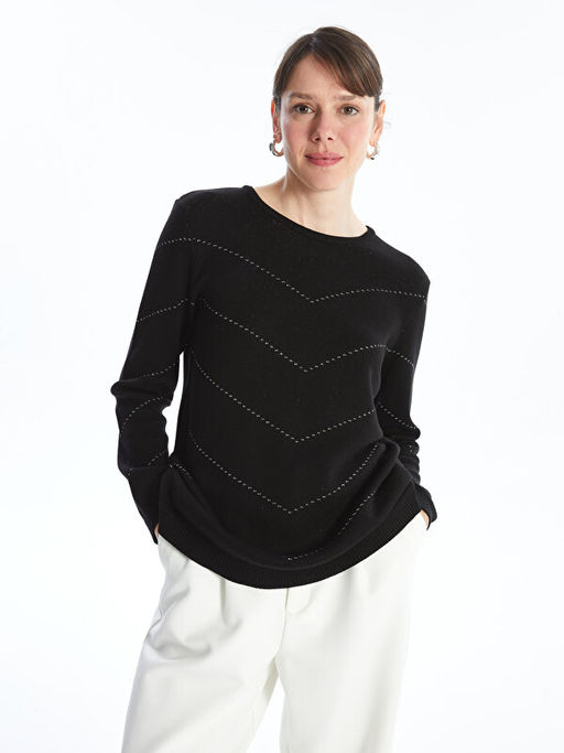 Bisiklet Yaka Desenli Uzun Kollu Kad?n Triko Kazak