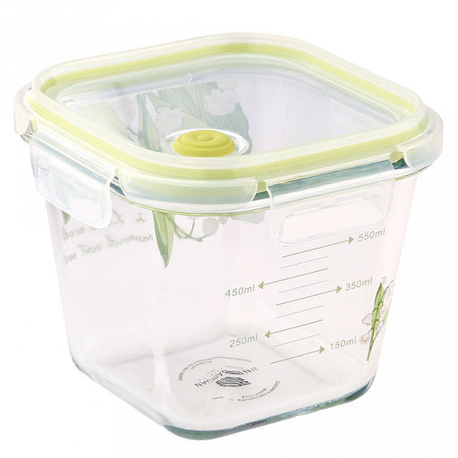 Контейнер стеклянный Ландыши 900мл, 13х13см h10,5см, боросиликатное стекло, с деколью, с мерной шкалой, квадратный, пластмассовая крышка с пароотводом, герметичная, с клипсами, с силиконовым уплотнителем (Китай)