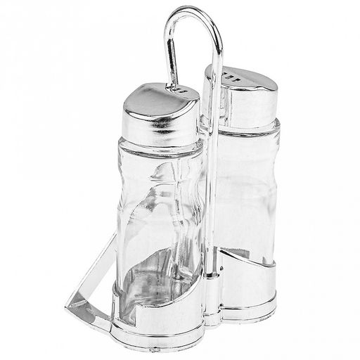 Набор для специй 3 предмета: солонка 40мл, д3,2см h9см, перечница 40мл, д3,2см h9см, салфетница, на подставке 5,5х7,6х12,5см, стекло/пластик под "хром" цветная коробка (Китай)