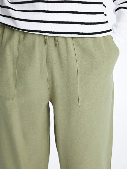 Beli Lastikli D?z Keten Kar???ml? Kad?n Pantolon