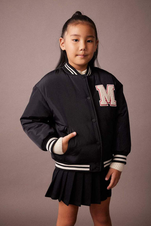 Водоотталкивающее пальто-бомбер с воротником-стойкой и вышивкой для девочек - Defacto фото 3