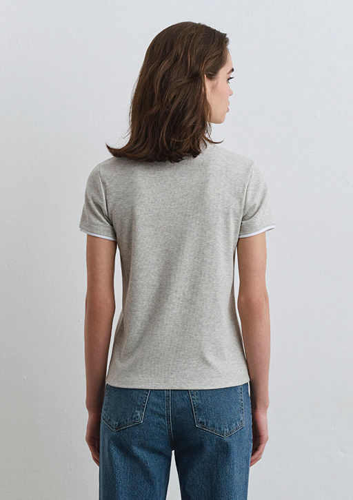 Beyaz Biyeli Gri Tisort - Mavi фото 4