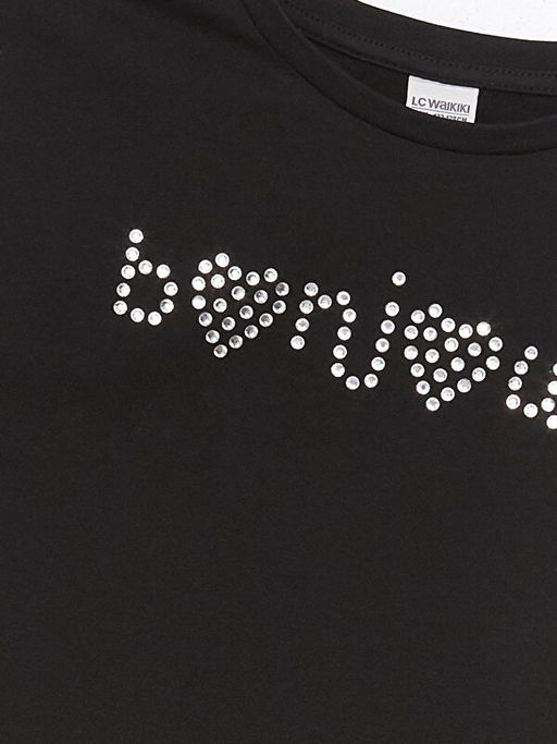 Bisiklet Yaka Ta? Bask?l? K?sa Kollu K?z ?ocuk Ti??rt - Waikiki фото 3