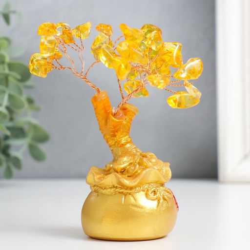 Бонсай декоративный «Денежное дерево с янтарём в золотом мешке», 36 камней, 11.5×4.5×4.5 см, МИКС