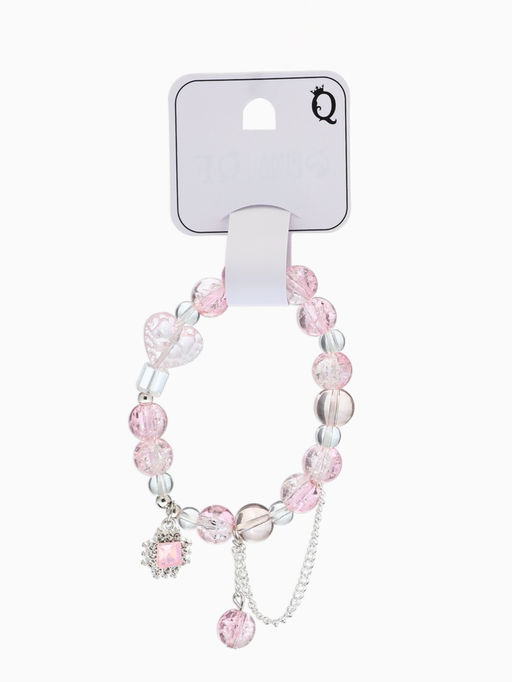 Браслет с подвесками «Сахарный» ромб, сердечко, шар №10, d=6 см, бело-розовый в серебре