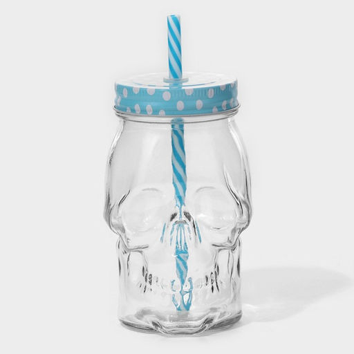 Кружка Доляна «Череп. Хэллоуин», 400 мл, 9×14.5 см, с крышкой и трубочкой, стекло, МИКС