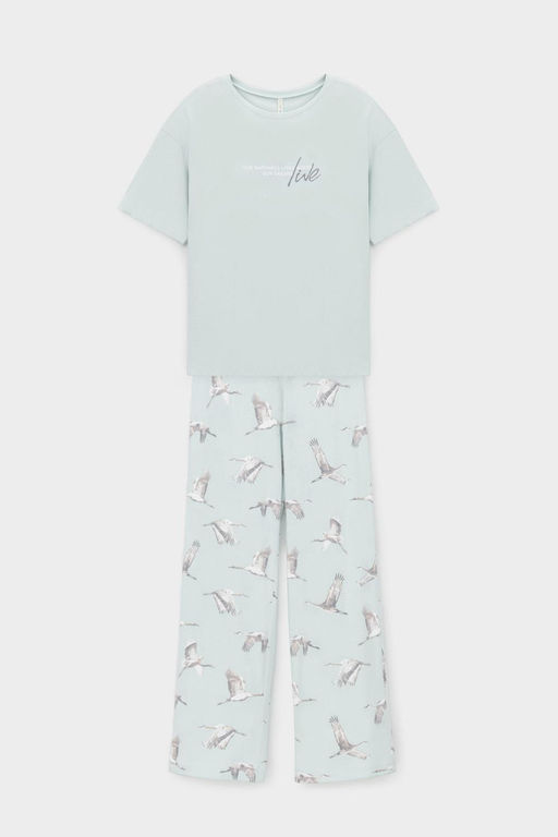 Е 20157/туманный голубой, журавли пижама жен (фуфайка, брюки)