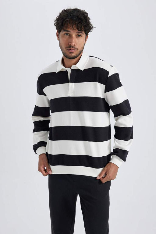 Толстовка в полоску Modern Fit с воротником-поло - Defacto фото 8