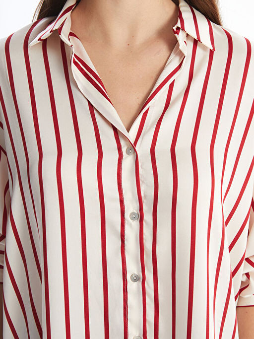 ?izgili Uzun Kollu Oversize Saten Kad?n G?mlek