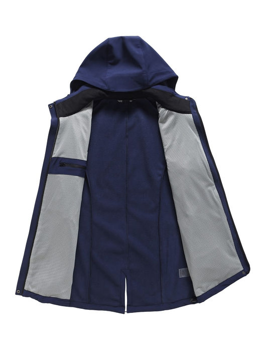 Парка женская софтшелл виндстоппер удлинённая с капюшоном темно-синего цвета 9618_1TS