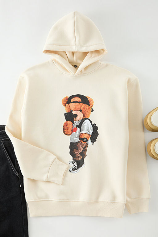 Ekru Un_sex Oversize Ay_c_k Bask_l_ __i Polar/S_cak Tutan Kap__onlu Sweatshirt TMNAW25SW00210 - Trendyolmilla фото 2