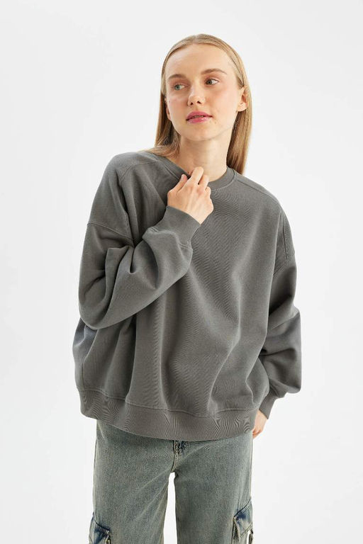 Толстовка из плотной ткани Cool Oversize с круглым вырезом - Defacto фото 4