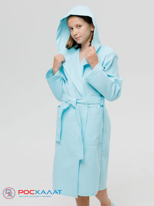 Подростковый вафельный халат с капюшоном мятный В-18 (19)
