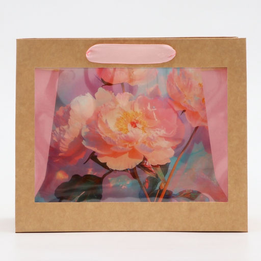 Пакет подарочный с PVC окном, Пионы, 24?11?20 см