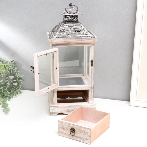 Деревянный подсвечник - фонарь на 1 свечу «С узорами на крыше», с ящиком, беж, 46×18×18 см