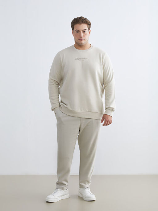 B?y?k Beden Bisiklet Yaka Bask?l? Kal?n Erkek Sweatshirt