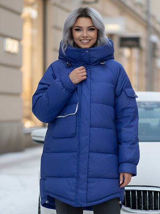 Куртка зимняя женская с капюшоном модная синего цвета 7341S