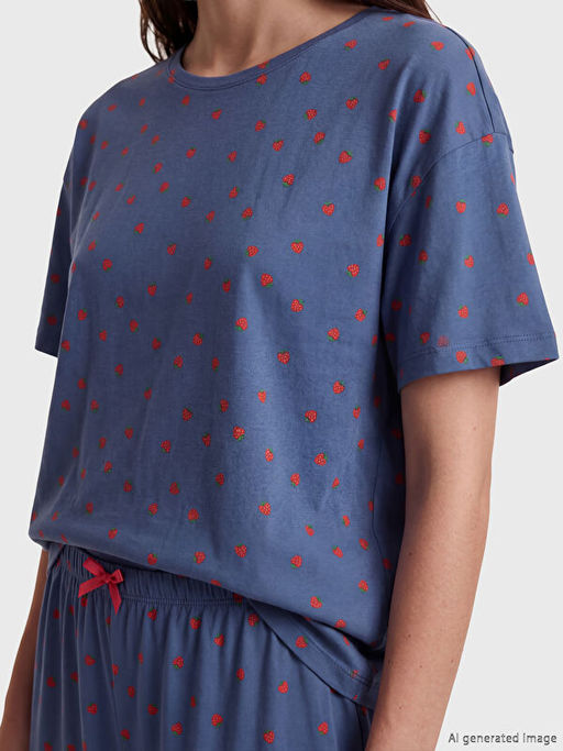 Bisiklet Yaka Bask?l? Kad?n Kaprili Pijama Tak?m?