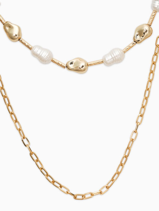 Колье "Жемчуг" борокко, цепь, удлиненное, 2 яруса, цвет белый в золоте