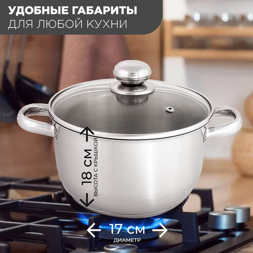 Кастрюля ПРИМА САТИН 3,0л стекл.крышка с ТРС-3 объем.ручки(200мм) арт.1с804,3с141 Аша