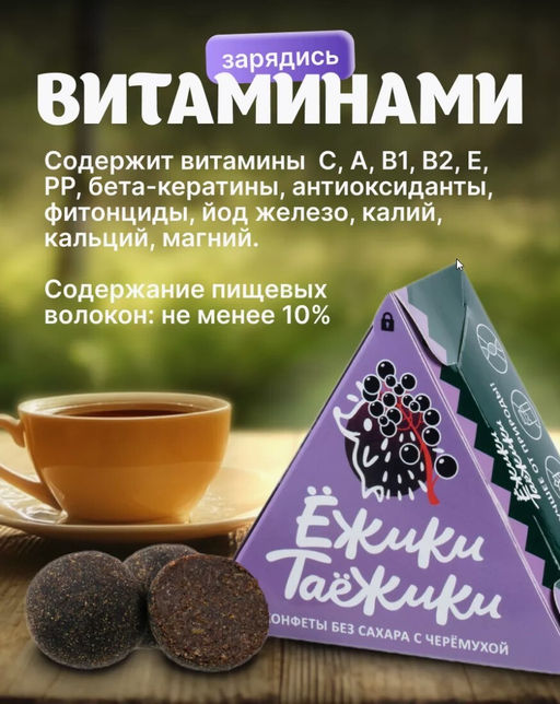 Конфеты натуральные без сахара ЧЕРЕМУХА / 95 г / коробка / ТМ Ежики-Таежики