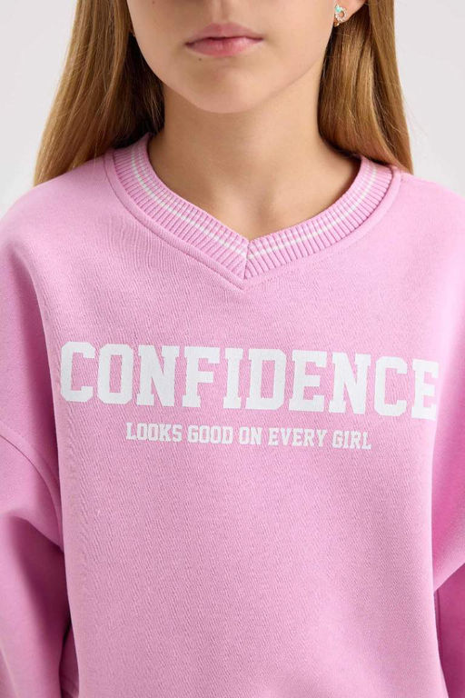 Толстовка из плотной ткани с v-образным вырезом и принтом из мягкой нечеткой ткани с низкими рукавами для девочек - Defacto фото 5