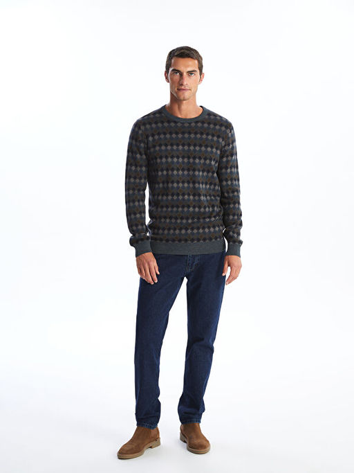 Bisiklet Yaka Uzun Kollu Desenli Erkek Triko Kazak