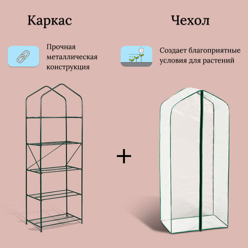 Парник-стеллаж, 5 полок, 190×65×40 см, металлический каркас d=16 мм, чехол спанбонд 60 г/м², дверь из плёнки 100 мкм