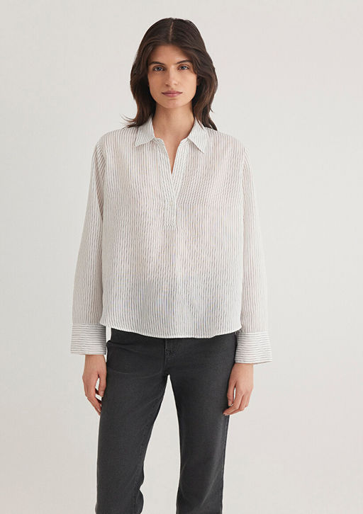 Cizgili Beyaz Gomlek - Mavi фото 4