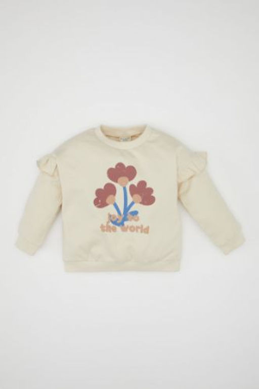 K?z Bebek Bisiklet Yaka Cicek Bask?l? Ici Yumusak Tuylu Sweatshirt