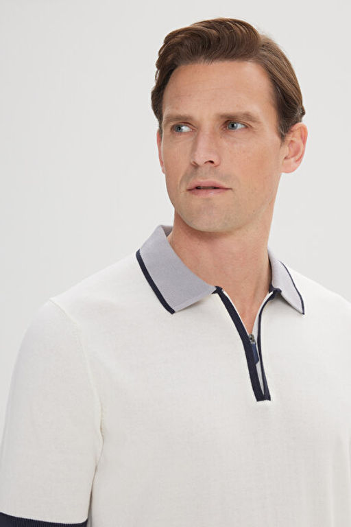 Standart Fit Normal Kesim %100 Pamuk Fermuarl_ Polo Yaka Ekru Triko Ti__rt 4A4924200001EKR