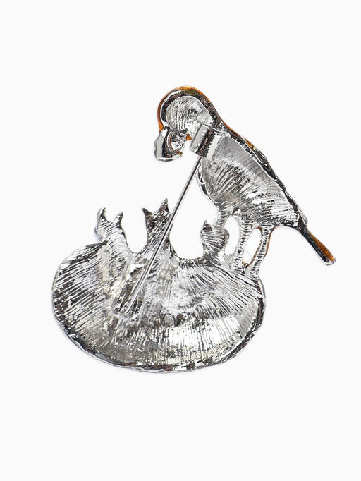 Брошь «Птица с  птенцами» гнездо, цветная в серебре