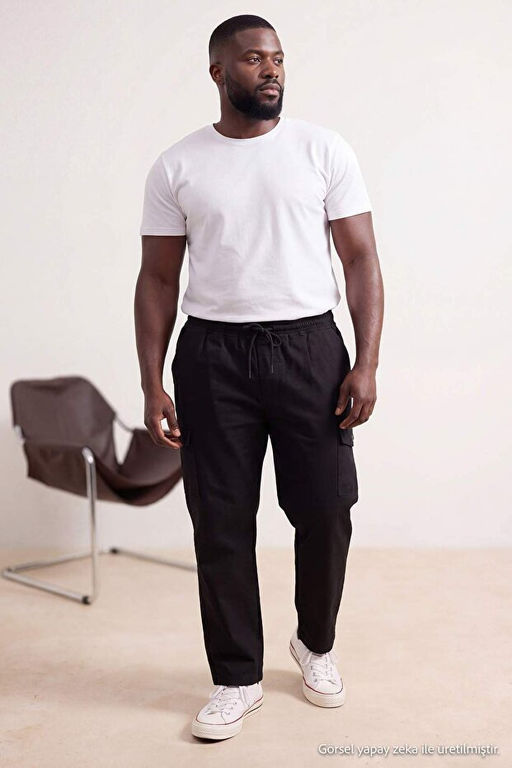 B_y_k Beden Siyah Regular Fit Esnek Kuma_ Lastikli Bel Kargo Cepli Pantolon TMNSS26AR00006