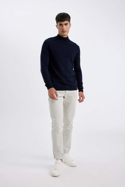 Lacivert Slim Fit Dar Kesim Yar?m Bal?kc? Yaka Basic Duz Triko Kazak - Defacto фото 4