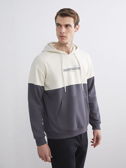 Uzun Kollu Renk Bloklu Erkek Hoodie