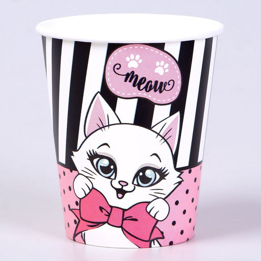 УЦЕНКА Набор бумажной посуды c масками «Кошечка», 6 тарелок, 6 стаканов, 6 масок