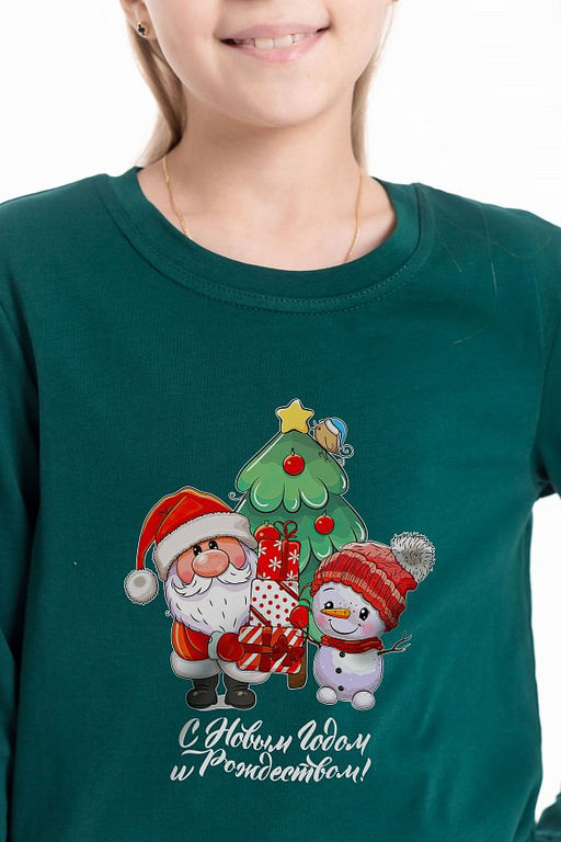 Футболка длинный рукав с новогодним принтом М225123Пз зеленый - Елена фото 3