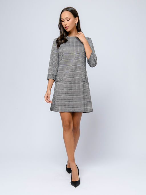 Платье серого цвета в клетку длины мини с рукавами 3/4 - 1001dress фото 2