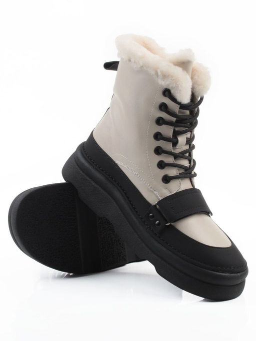 04-PAJ76-2Z LT. BEIGE /BLACK Ботинки зимние женские (натуральная кожа, натуральный мех, 100% шерсть)