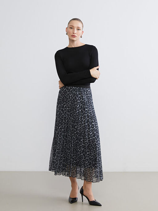 Beli Lastikli Desenli ?ifon Pileli Etek