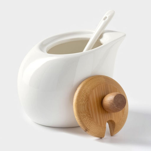 Набор для специй на бамбуковой подставке BellaTenero Капельки, 3 предмета: солонка 60 мл, перечница 60 мл, сахарница с ложкой 330 мл, фарфор, белый фото 5