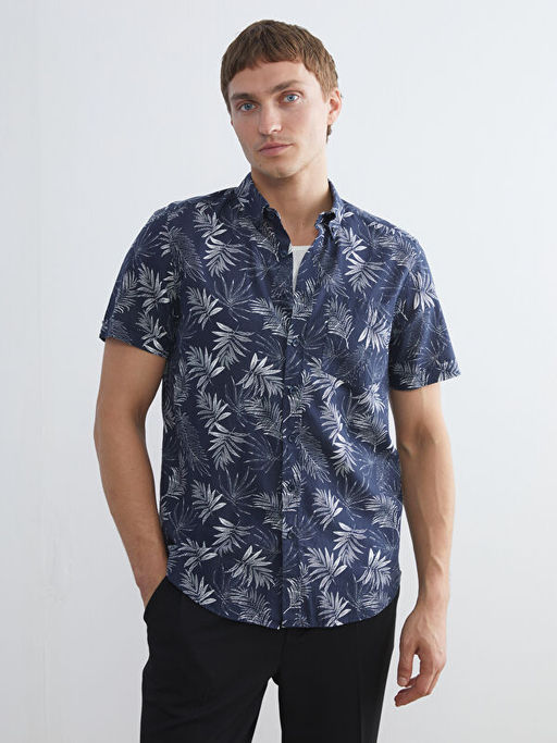 Regular Fit K?sa Kollu Desenli Poplin Erkek G?mlek