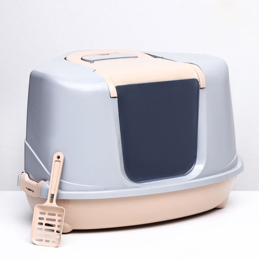 Туалет-домик угловой для кошек закрытый с дверцей 57×46×37 см, бежево-серый