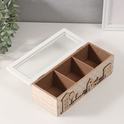 Шкатулка для чая 3 деления «Домики и деревья», дерево, 9×23.4×7.2 см