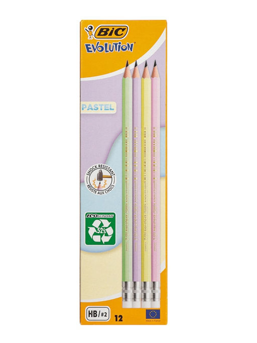Цена за 12 шт. Карандаш чернографитный BIC HB Evolution «Пастель», пластиковый, с ластиком