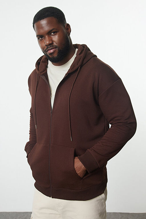Kahverengi B_y_k Beden Oversize Basic Kap__onlu Fermuarl_ __i Polar Pamuk Sweatshirt TMNAW24AO00003 - Trendyolmilla фото 2