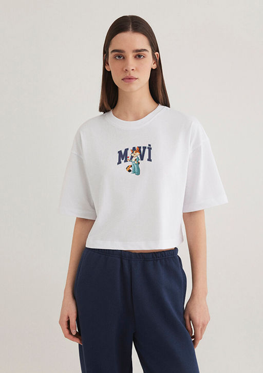 Kedi Logo Bask?l? Beyaz Tisort - Mavi фото 4