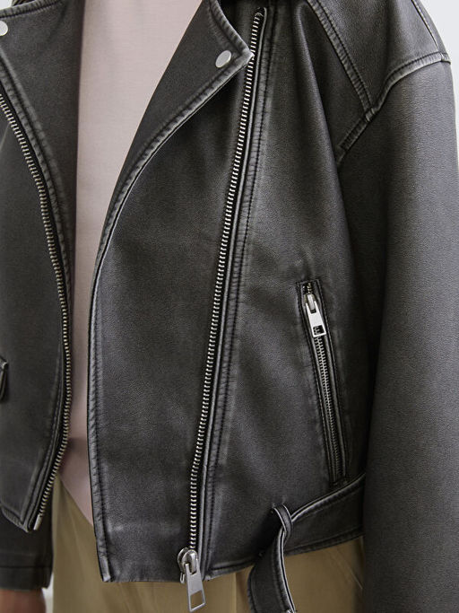 G?mlek Yaka Kad?n Deri G?r?n?ml? Ceket