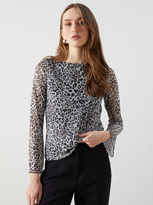 Kay?k Yaka Leopar Desenli Kad?n Bluz