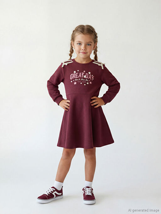 Bisiklet Yaka Bask?l? K?z ?ocuk Elbise